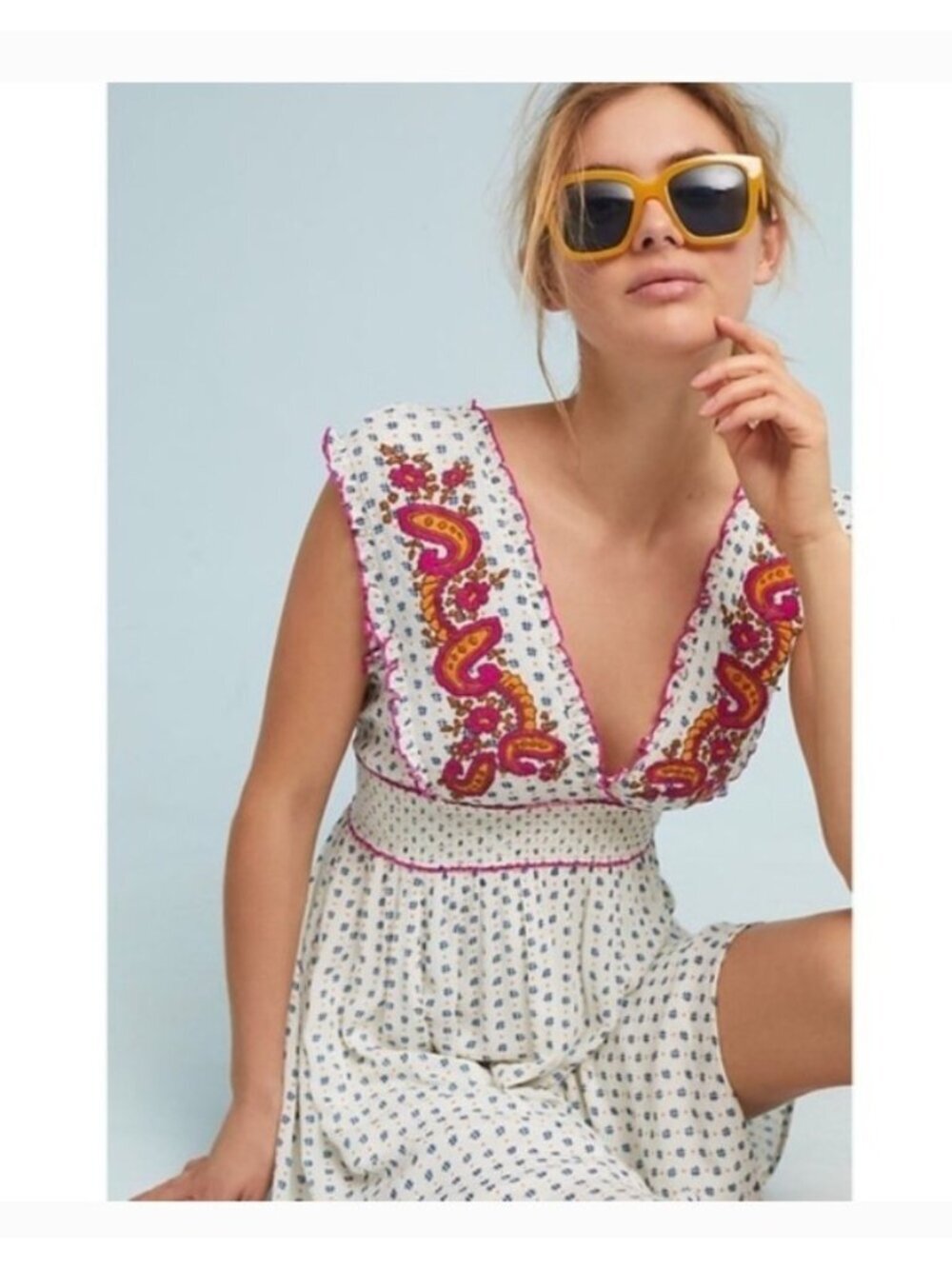 Anthropologie Lilka Maggie Embroidered Paisley Rayon Jersey Dress Size L Boho